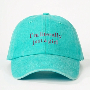 Teal cotton baseball cap featuring red I'm literally just a girl embroidery
