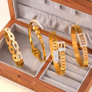 Minimalist Titanium Steel Gold Plated Bangle Bracelet For Women Geometric Chain Rhinestone Inlaid Fashion Jewelry Gift