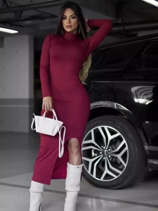 Elegant deep red bodycon dress with high neck, long sleeves, and side slit detail