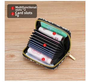 Checkered zip card holder interior showing 9 accordion slots and 2 large compartments