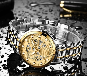 Macro detail of waterproof hollow mechanical watch for men with steel band in water droplets