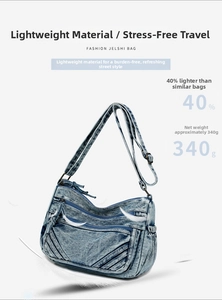 Detail of lightweight washed denim tote bag featuring multi-pocket design and 340g weight