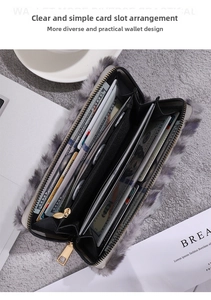 Detailed interior view of plush leopard print long wallet with multiple card slots and zip pocket