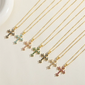 Gold plated cross necklace set featuring colorful zircon stones in seven vibrant colors