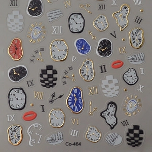 Surrealist melting clock and checkered nail stickers with gold foil accents for DIY manicure