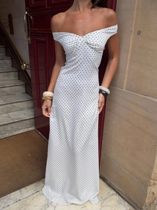 Elegant white off-shoulder polka dot maxi dress with a vintage French-style silhouette