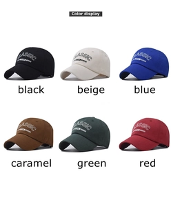 Detailed grid view showcasing six colors of cotton baseball caps with classic embroidery
