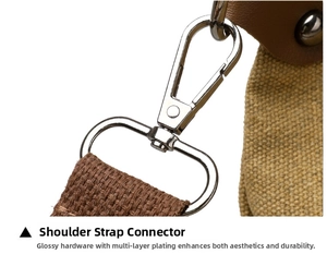 Detail of metal swivel hook with brown leather trim and khaki woven shoulder strap
