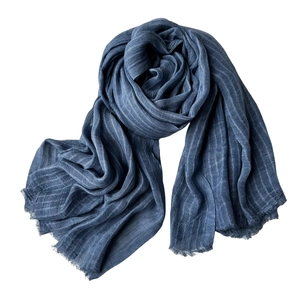Dark blue modal silk scarf with vertical stripes and fringed edges for spring fashion