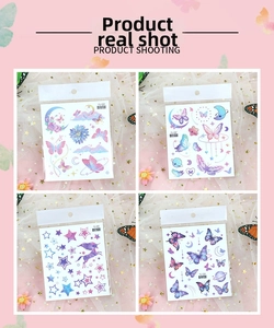 Detail of four butterfly and unicorn waterproof tattoo stickers with glitter gradient finish