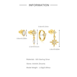 Detailed size specifications for S925 silver star and moon earrings set with zircon
