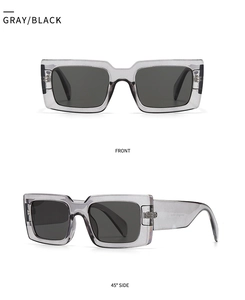 Front and side view of trendy transparent gray square sunglasses with dark gray lenses