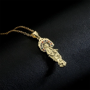 Gold religious Virgin Mary pendant necklace with colorful micro-set cubic zirconia