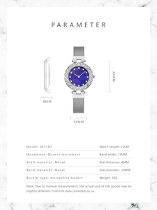 Detailed size chart for blue dial women's quartz watch with silver mesh band