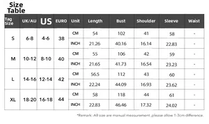 Detailed size chart for women's long sleeve fuzzy coat including US, UK, and EU measurements