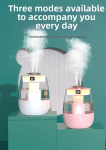 Close-up of pink and white USB humidifiers with LED display showing digital humidity levels