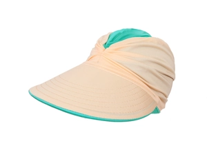Detail of beige and mint green sun visor showing wide brim and twisted knot design
