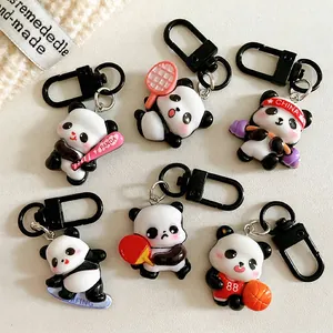 Set of 6 cute sports panda keychains with various athletic themes and matte black clips