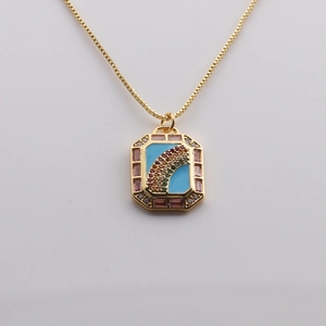 Gold plated rainbow rectangle pendant necklace with colorful gems on a box chain