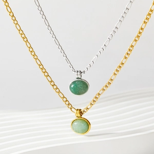 Elegant gold and silver aventurine stone necklaces with green oval pendants on wavy base