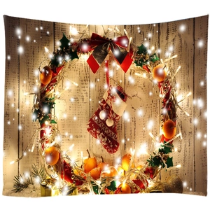 Christmas tapestry with wreath and gifts on white wood background for wall decor