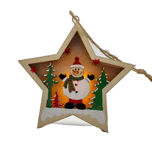 Star-shaped wooden Christmas snowman LED lantern decoration with hanging rope