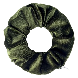 Detail of a dark green tie-dye velvet scrunchie with a hidden zipper on white background