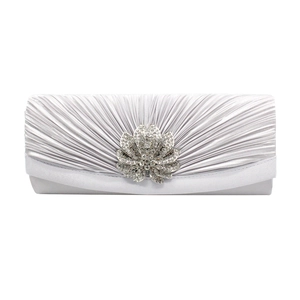 Pleated Satin Evening Clutch Bag Rhinestone Flower Wedding Banquet Party Handbag For Women With Metal Chain