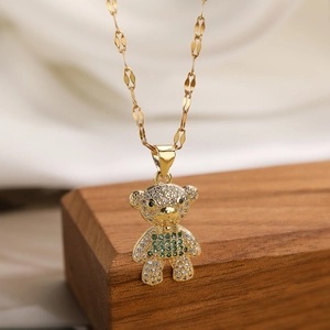 Charming gold-plated bear pendant necklace with sparkling white and green zircon accents