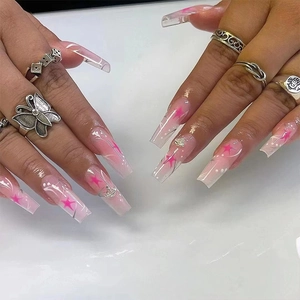 Unghie Finte Coffin Sfumatura Rosa Motivo Stelle Decorazioni Pianeta Metallo Argento Unghie Artificiali Stile Sweet Cool