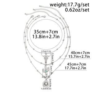 Detailed view of bohemian turquoise cactus necklace set with size and weight measurements