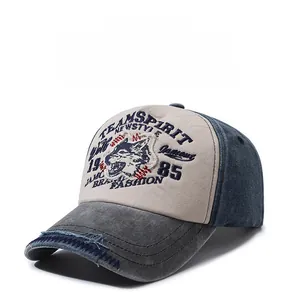 Detailed embroidery of a wolf head and Team Spirit text on a distressed baseball cap