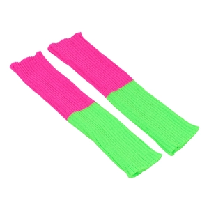 Detailed view of neon pink and green ribbed knit leg warmers with elastic texture