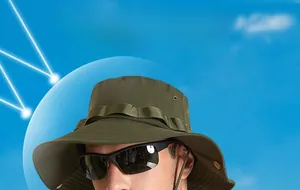 Detail of army green sun hat with breathable metal eyelets and adjustable chin strap