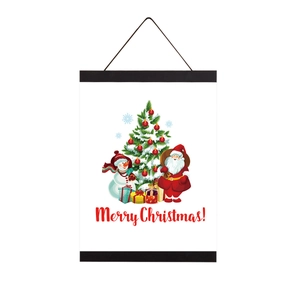 Magnetic wood frame poster hanger with Merry Christmas tree and snowman illustration
