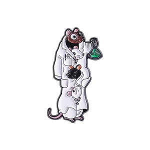 Creative mouse scientist enamel pin featuring cartoon mice in a lab coat with flask