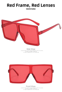Detailed front and side views of red oversized square sunglasses with transparent frames
