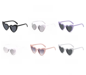 Matrix display of heart-shaped sunglasses in six colors including black and white frames