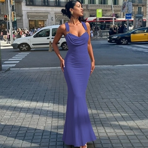 Slim fit royal blue halter neck backless dress with ruched details and fish tail hem