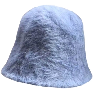 Plush faux rabbit fur bucket hat in dusty blue for women's autumn and winter fashion