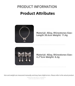 Detail view of rhinestone bow and teardrop jewelry set with size and weight info