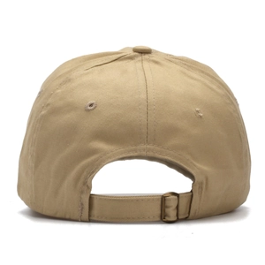 Detail of adjustable metal buckle and khaki twill fabric on the back of the baseball cap