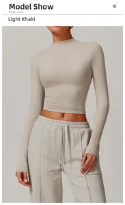 Detail of light khaki quick-dry yoga set showing elastic slim-fit top and drawstring waist