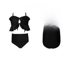 Bikini deux pièces noir avec haut bandeau à volants et culotte taille haute à plat
