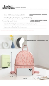 Detail view of pink mini backpack with Lucky Girl print and size comparison with phone