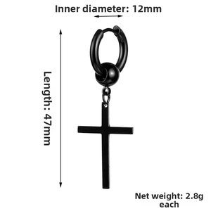 Detail view of black stainless steel cross earring with 12mm inner diameter and 47mm length