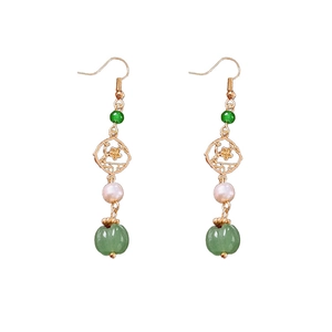 Elegant Chinese style floral pearl tassel earrings with green beads and gold metal hooks