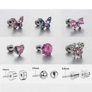 Boucles D'oreilles Papillon Cœur Nœud Acier Titane Zircon Rose Bleu Fermoir À Vis Bijoux De Piercing Femmes