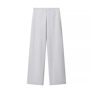 Detail view of light gray straight-leg trousers with clean tailoring and sleek fabric texture