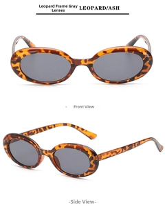 Detail view of oval leopard print tortoiseshell sunglasses with grey lenses and retro frame